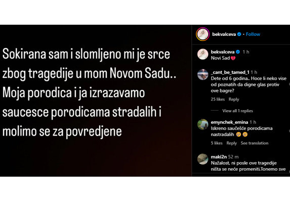 Instagram objava Nataše Bekvalac kao podrška žrtvama u Novom Sadu